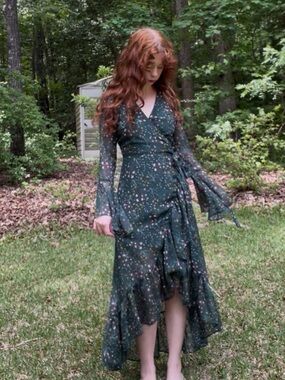 Wonderly Dark Green Floral Tie-Waist Long-Sleeve Dress